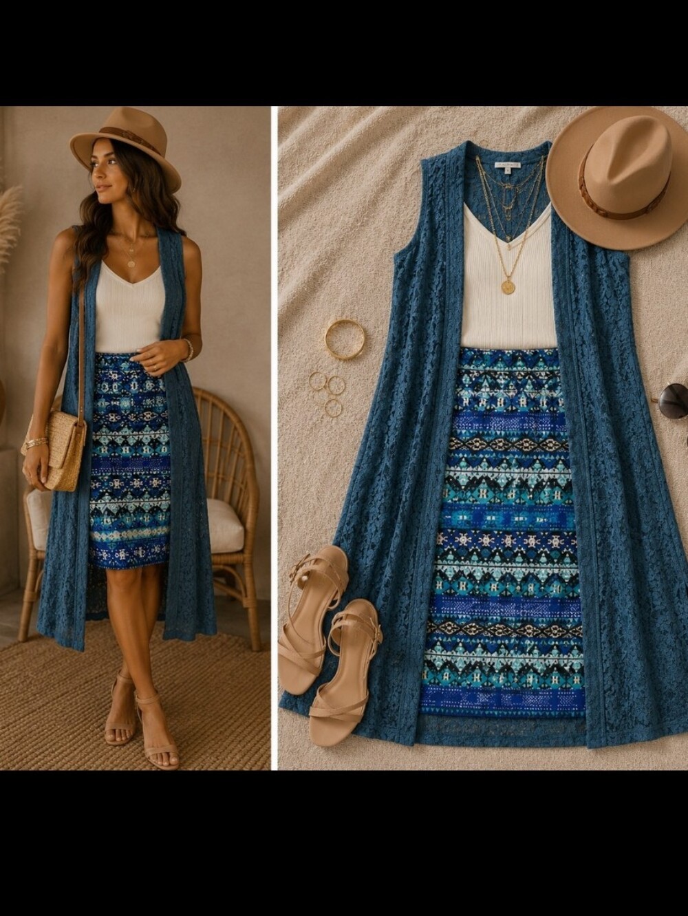 Boho Outfit NEW W/ TAGS!!! Teal Blue Joy Duster Vest, Cassie Pencil Skirt, SMALL